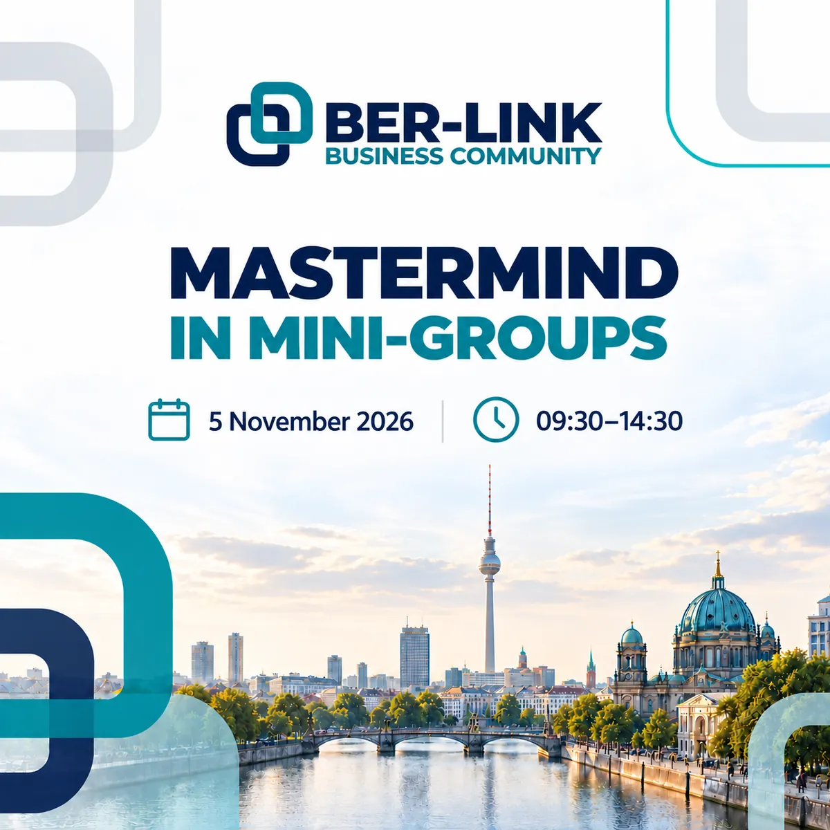 BER-LINK Mastermind in Mini-Groups poster with the Berlin skyline, November 5, 2026, and 09:30-14:30